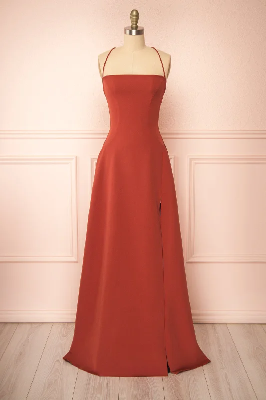 Bridesmaid dress asymmetrical hemline styles -Izabella Rust | A-line Maxi Dress w/ Open Back Bridesmaid dress asymmetrical hemline styles -Izabella Rust | A-line Maxi Dress w/ Open Back