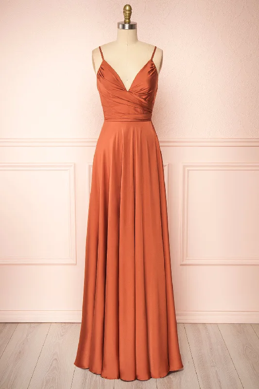 Bridesmaid dress one-shoulder design styles -Lizza Rust | Satin Maxi Dress w/ Slit