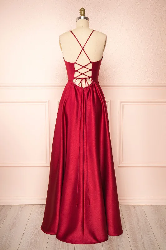 Dress for a rustic wedding bridesmaid themes -Julia Burgundy | Satin Maxi Dress w/ High Slit