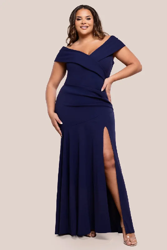 bridesmaid dresses with asymmetrical hemlines-Scuba Crepe Off Shoulder Front Split Maxi Dress - Navy Blue by Goddiva Plus bridesmaid dresses with asymmetrical hemlines-Scuba Crepe Off Shoulder Front Split Maxi Dress - Navy Blue by Goddiva Plus