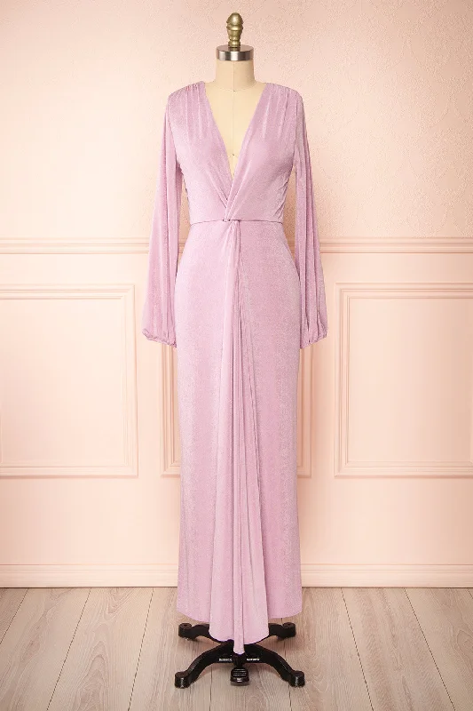 Bridesmaid dress with ruffles details styles -Shaina | Knot Front Lilac Maxi Dress