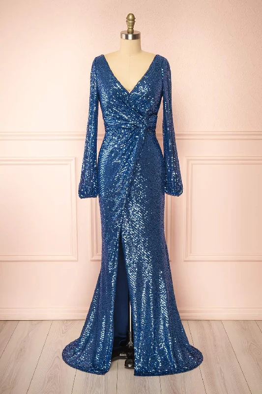 Bridesmaid dress elongates legs styles -Roxy Blue | Sequins Long-Sleeved Maxi Dress Bridesmaid dress elongates legs styles -Roxy Blue | Sequins Long-Sleeved Maxi Dress