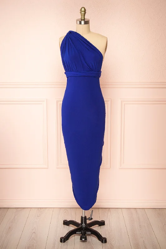 Bridesmaid dress with leather jacket style -Aristella Blue | Convertible Midi Dress