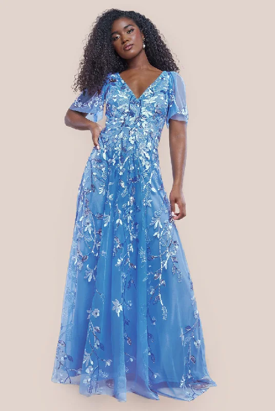 boho style bridesmaid dresses for relaxed charm-Flared Sleeve Embroidered Maxi Dress - Cornflower Blue by Goddiva boho style bridesmaid dresses for relaxed charm-Flared Sleeve Embroidered Maxi Dress - Cornflower Blue by Goddiva