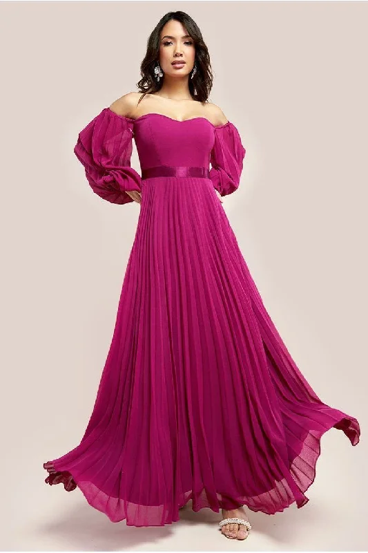 Dress in style for bridesmaids events -Goddiva Bardot Chiffon Pleated Maxi - Magenta Dress in style for bridesmaids events -Goddiva Bardot Chiffon Pleated Maxi - Magenta