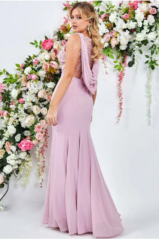 Bridesmaid dress with stylish belt accents -Goddiva Cowl Back Chiffon Maxi - Blush