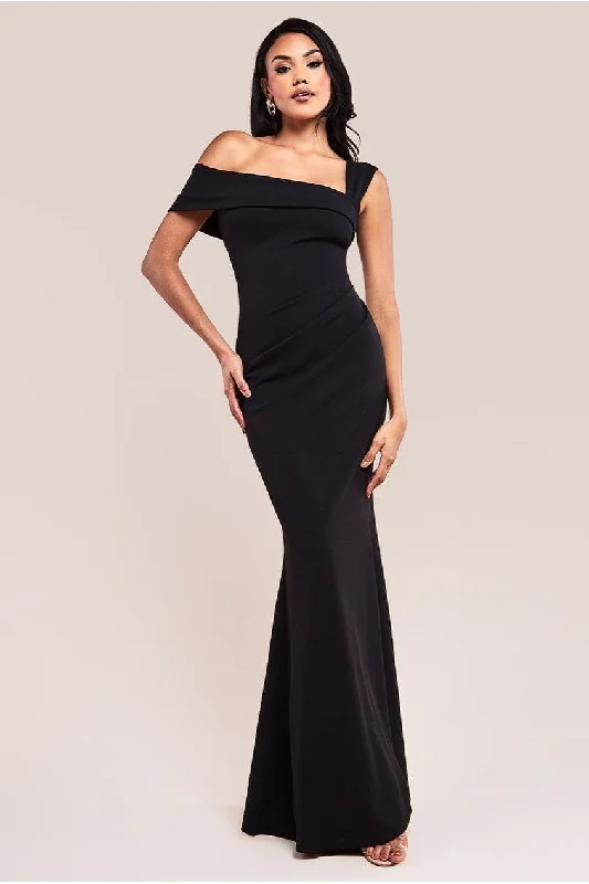 chic bridesmaid dresses for every occasion-Goddiva Off The Shoulder Pleated Waist Maxi Dress - Black chic bridesmaid dresses for every occasion-Goddiva Off The Shoulder Pleated Waist Maxi Dress - Black