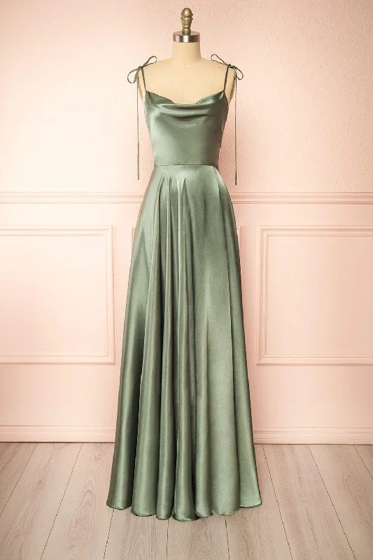 comfortable bridesmaid dresses for long wear-Moira Khaki | Cowl Neck Satin Maxi Dress w/ High Slit comfortable bridesmaid dresses for long wear-Moira Khaki | Cowl Neck Satin Maxi Dress w/ High Slit