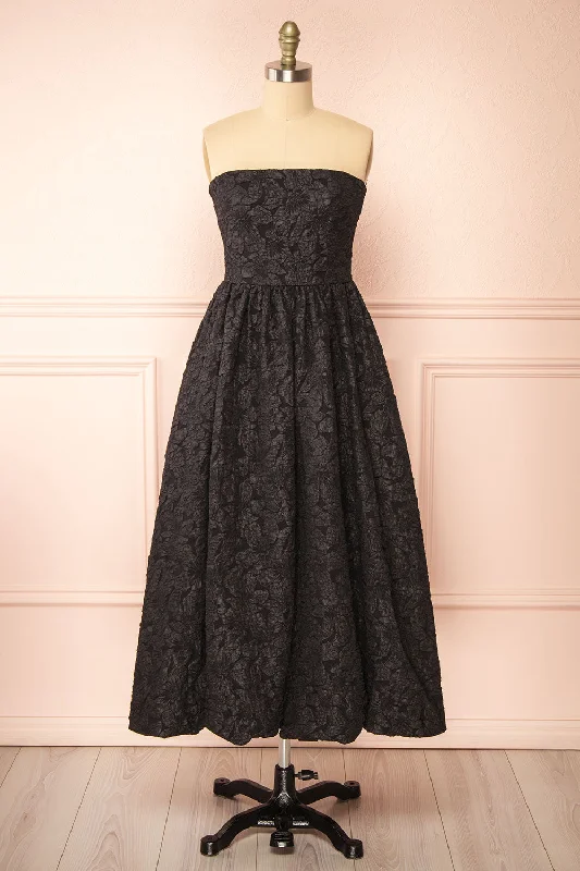 trendy bridesmaid dresses for fashion-conscious bridesmaids-Reyna Black | Long Textured Floral Dress trendy bridesmaid dresses for fashion-conscious bridesmaids-Reyna Black | Long Textured Floral Dress