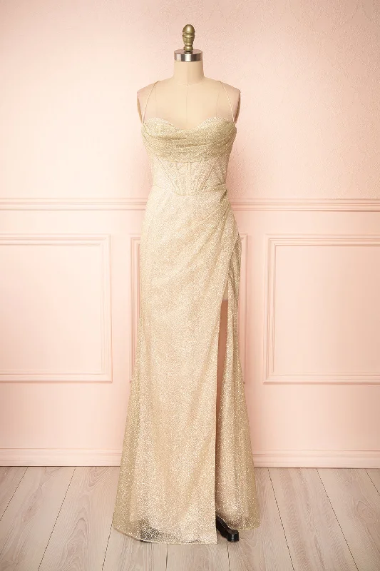 Dress for bridesmaid gala events themes now -Frosti Champagne | Sparkly Cowl Neck Maxi Dress