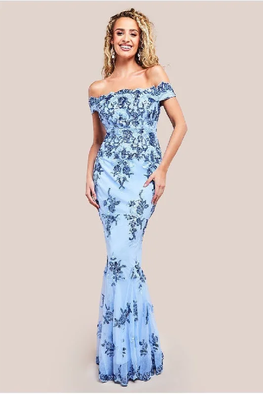 red bridesmaid dresses for bold fashion-Bardot Sequin Embroidered Maxi Dress - Powder Blue by Goddiva red bridesmaid dresses for bold fashion-Bardot Sequin Embroidered Maxi Dress - Powder Blue by Goddiva