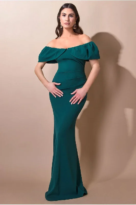 Bridesmaid dress with sneakers comfort look -Scuba Crepe Pleated Bardot Maxi - Emerald Green by Goddiva Bridesmaid dress with sneakers comfort look -Scuba Crepe Pleated Bardot Maxi - Emerald Green by Goddiva