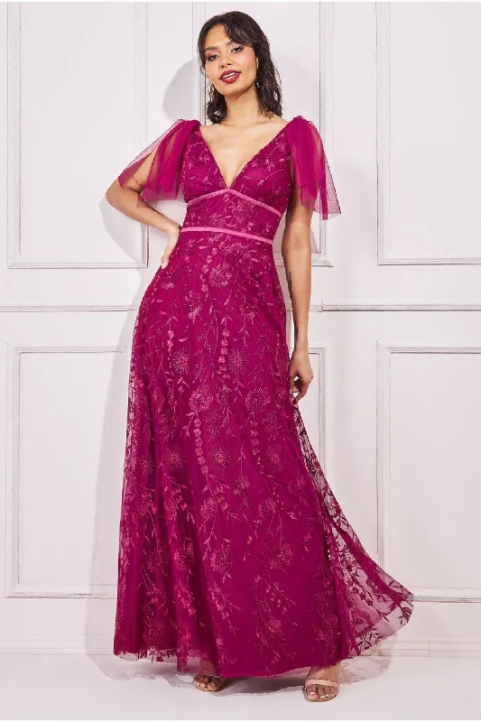 Bridesmaid dress dancing all night style -Goddiva Embroidered Lace Maxi Flutter Sleeves - Magenta Bridesmaid dress dancing all night style -Goddiva Embroidered Lace Maxi Flutter Sleeves - Magenta