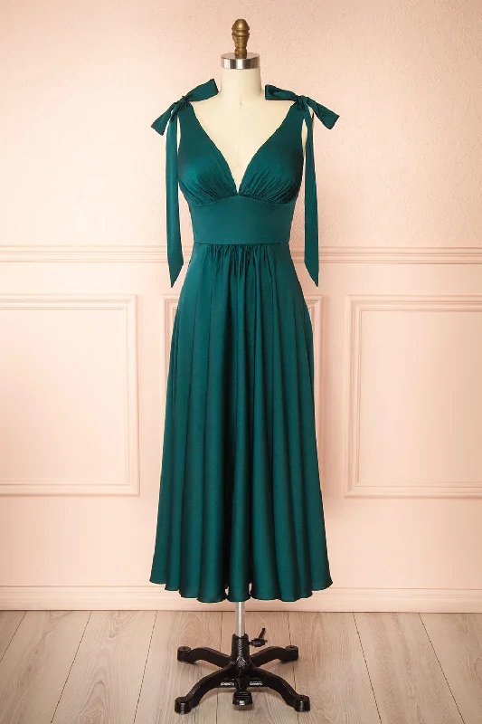 Bridesmaid dress in floral print patterns -Vida Green | Satin Midi Dress w/ Tie Straps Bridesmaid dress in floral print patterns -Vida Green | Satin Midi Dress w/ Tie Straps
