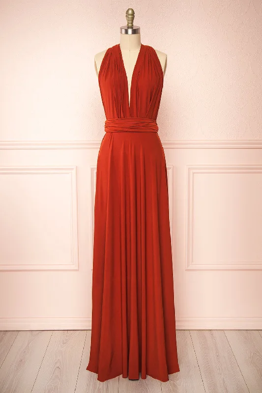 Bridesmaid dress with formal gloves pairing -Violaine Rust | Convertible Maxi Dress