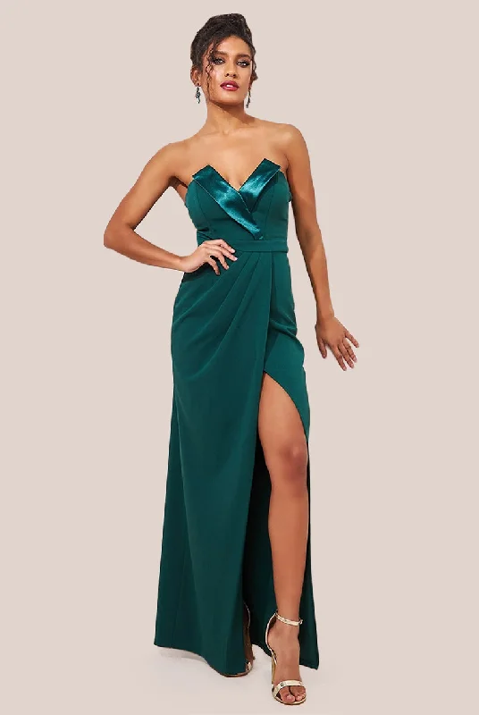 Dress for bridesmaid sophisticated styles wear -Satin & Scuba Maxi With Thigh Split - Emerald by Goddiva Dress for bridesmaid sophisticated styles wear -Satin & Scuba Maxi With Thigh Split - Emerald by Goddiva