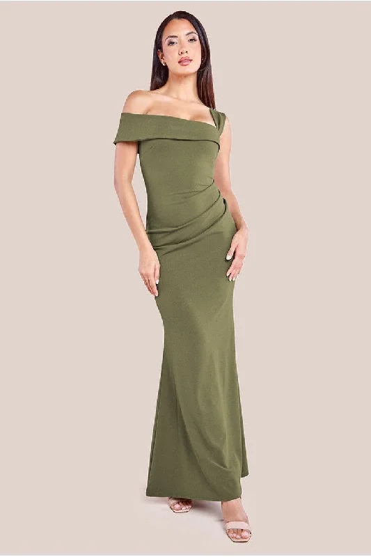 Bridesmaid dress: care tips cleaning guide -Off The Shoulder Pleated Waist Maxi Dress - Khaki by Goddiva Bridesmaid dress: care tips cleaning guide -Off The Shoulder Pleated Waist Maxi Dress - Khaki by Goddiva