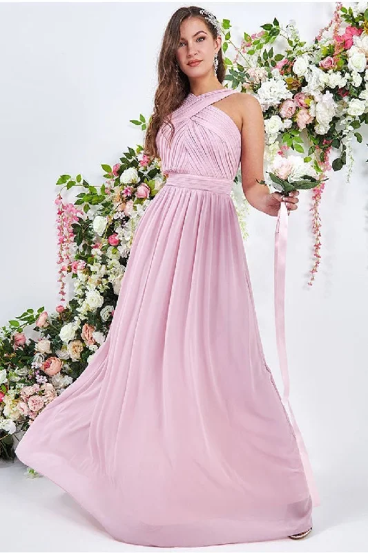 Dress for bridesmaid sophisticated looks style -Goddiva Halter Neck Chiffon Maxi Dress - Blush Dress for bridesmaid sophisticated looks style -Goddiva Halter Neck Chiffon Maxi Dress - Blush