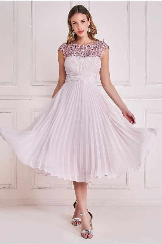 Bridesmaid dress that is unforgettable styles -Goddiva Crochet & Pleated Top Midi - Blush Bridesmaid dress that is unforgettable styles -Goddiva Crochet & Pleated Top Midi - Blush