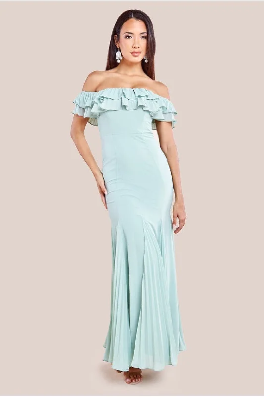 Bridesmaid dress Hollywood party themes -Goddiva Frilled Off The Shoulder Pleated Chiffon Maxi Dress - Sage Green Bridesmaid dress Hollywood party themes -Goddiva Frilled Off The Shoulder Pleated Chiffon Maxi Dress - Sage Green