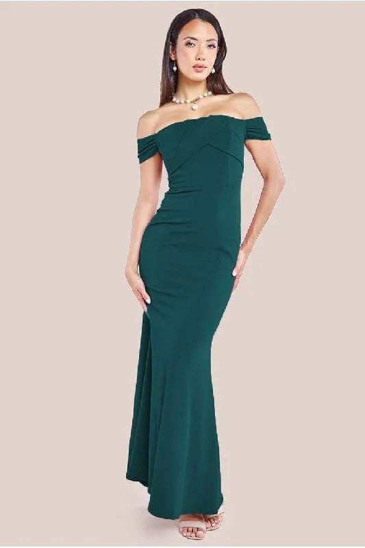Dress for bridesmaid elegant styles now -Goddiva Pleated Bardot Scuba Maxi Dress - Emerald Green Dress for bridesmaid elegant styles now -Goddiva Pleated Bardot Scuba Maxi Dress - Emerald Green