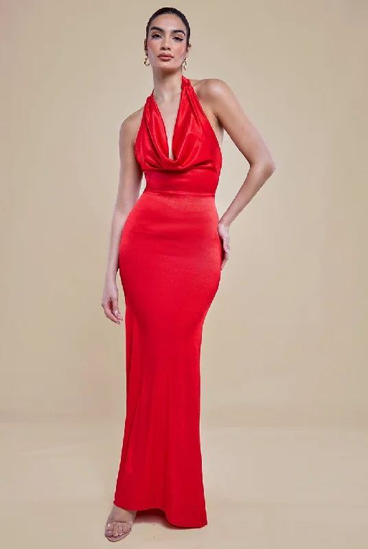 vintage bridesmaid dresses for classic look-Halter Cowl Neck Back Maxi Dress - Red by Goddiva vintage bridesmaid dresses for classic look-Halter Cowl Neck Back Maxi Dress - Red by Goddiva