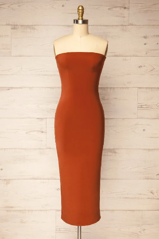 Bridesmaid dress that attention-grabbing looks -Victorya Rust | Strapless Fitted Midi Dress Bridesmaid dress that attention-grabbing looks -Victorya Rust | Strapless Fitted Midi Dress