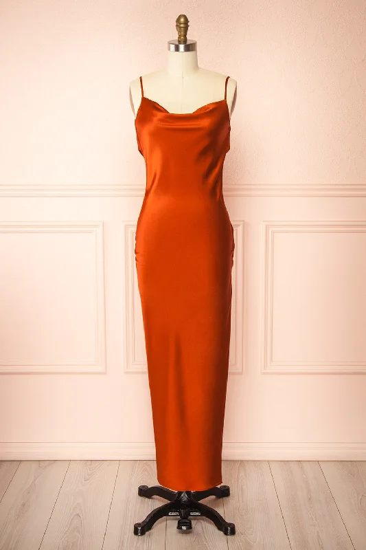 Bridesmaid dress that is show-stopping designs -Stacy Rust | Long Satin Dress w/ Open Back Bridesmaid dress that is show-stopping designs -Stacy Rust | Long Satin Dress w/ Open Back