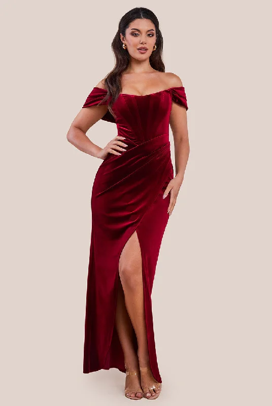 Bridesmaid dress one-shoulder design styles -Goddiva Draped Shoulder Velvet Corset Maxi Dress - Wine Bridesmaid dress one-shoulder design styles -Goddiva Draped Shoulder Velvet Corset Maxi Dress - Wine