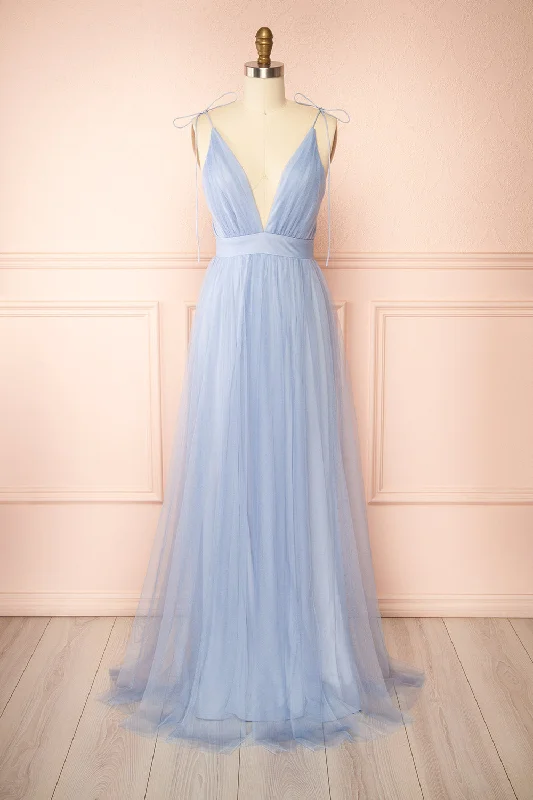mermaid style bridesmaid dresses for bold look-Hyedi Light Blue | Tulle Gown with Plunging Neckline mermaid style bridesmaid dresses for bold look-Hyedi Light Blue | Tulle Gown with Plunging Neckline