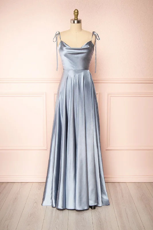 Bridesmaid dress hourglass figure style -Moira Blue | Cowl Neck Satin Maxi Dress w/ High Slit Bridesmaid dress hourglass figure style -Moira Blue | Cowl Neck Satin Maxi Dress w/ High Slit