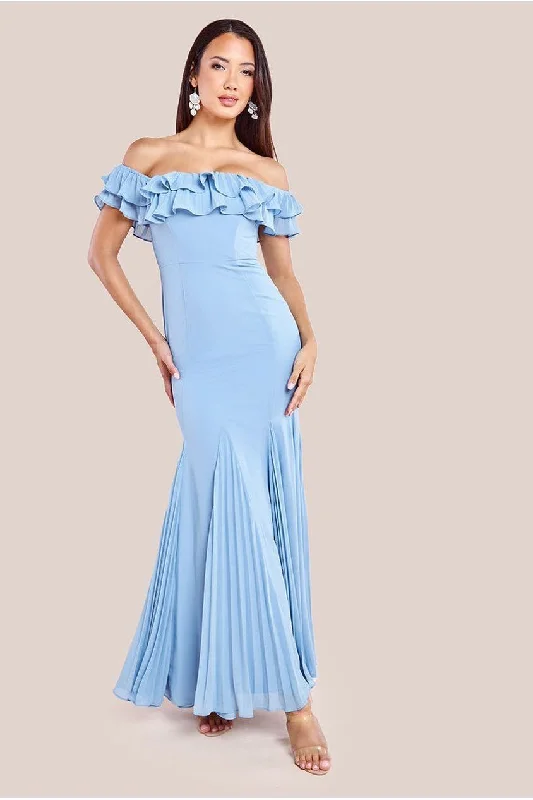 Bridesmaid dress easy to pack luggage -Goddiva Frilled Off The Shoulder Pleated Chiffon Maxi Dress - Dusky Blue Bridesmaid dress easy to pack luggage -Goddiva Frilled Off The Shoulder Pleated Chiffon Maxi Dress - Dusky Blue