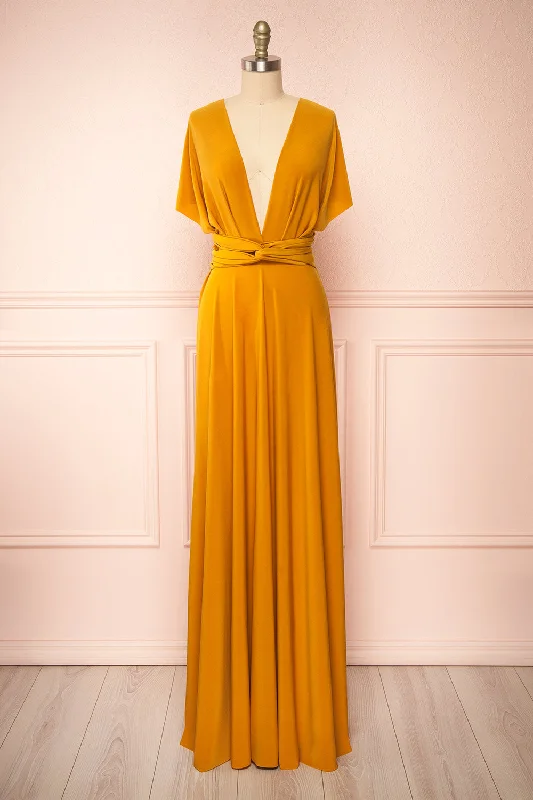 Bridesmaid dress that hides belly fat style -Violaine Mustard | Convertible Maxi Dress Bridesmaid dress that hides belly fat style -Violaine Mustard | Convertible Maxi Dress