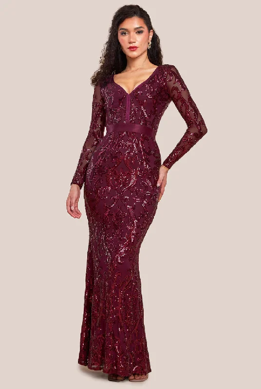 Bridesmaid dress that gives back profits -Embroidered Sequin & Mesh Maxi Dress - Burgundy by Goddiva Bridesmaid dress that gives back profits -Embroidered Sequin & Mesh Maxi Dress - Burgundy by Goddiva