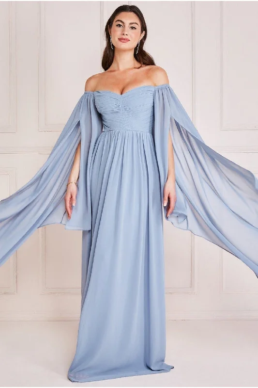 Bridesmaid dress with a midi length styles -Chiffon Off The Shoulder Maxi With Cape Sleeves - Blue by Goddiva Bridesmaid dress with a midi length styles -Chiffon Off The Shoulder Maxi With Cape Sleeves - Blue by Goddiva
