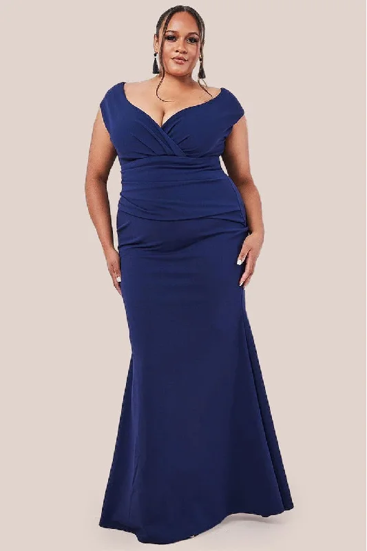 sparkly bridesmaid dresses for glamorous look-Bardot Pleated Maxi Dress - Navy by Goddiva Plus sparkly bridesmaid dresses for glamorous look-Bardot Pleated Maxi Dress - Navy by Goddiva Plus