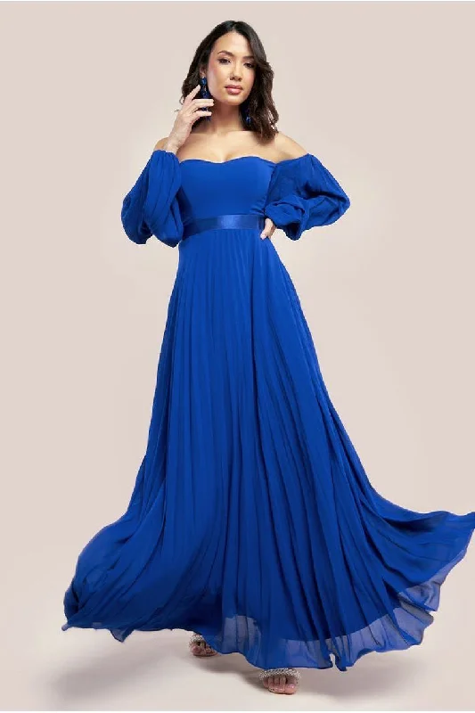 Bridesmaid dress: day to night transformation -Goddiva Bardot Chiffon Pleated Maxi - Royal Blue Bridesmaid dress: day to night transformation -Goddiva Bardot Chiffon Pleated Maxi - Royal Blue