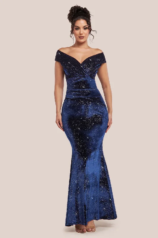 Bridesmaid dress balances proportions well -Shimmer Velvet Bardot Maxi Dress - Navy by Goddiva Bridesmaid dress balances proportions well -Shimmer Velvet Bardot Maxi Dress - Navy by Goddiva