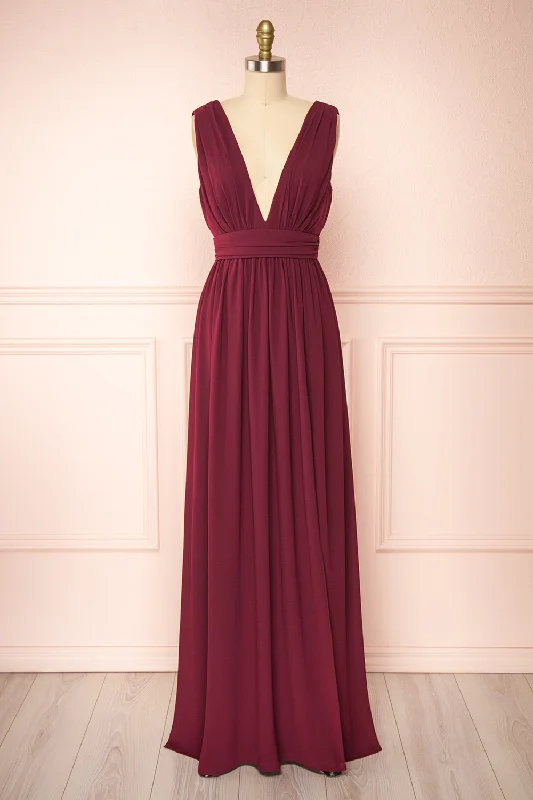 Bridesmaid dress pastel colors online now -Animos Burgundy | V-Neck Maxi Dress