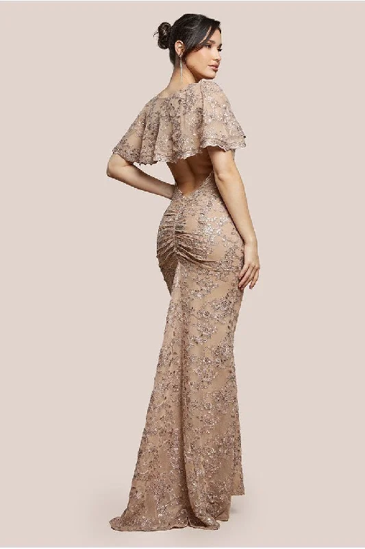 sexy open-back bridesmaid dresses-​Goddiva Scalloped Cape Open Back Lace & Sequin Maxi Dress - Champagne