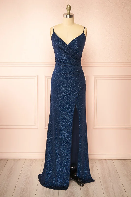 Bridesmaid dress with formal gloves pairing -Enyra Navy | Sparkling Dress w/ Wrapped Bodice Bridesmaid dress with formal gloves pairing -Enyra Navy | Sparkling Dress w/ Wrapped Bodice