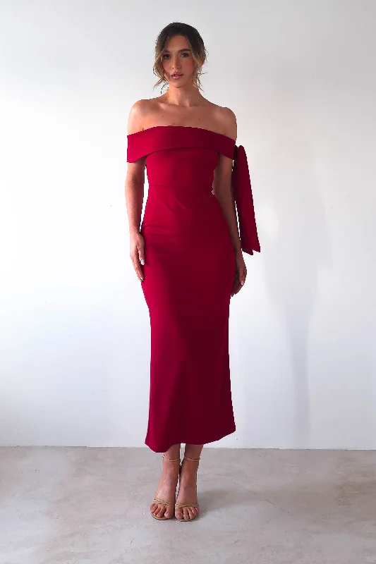 Graduation dress creates waistline fab--Amalthea Off the Shoulder Midaxi | Dark Red