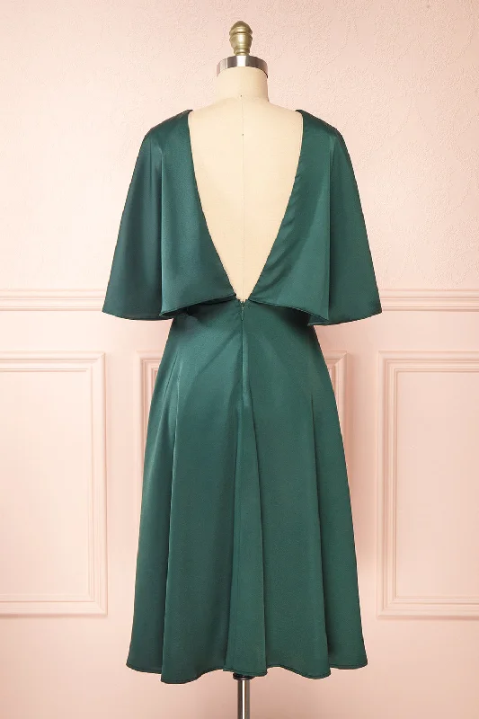 Bridesmaid dress that flatters all figures -Tordis Green | Satin Midi Dress w/ Bell Sleeves Bridesmaid dress that flatters all figures -Tordis Green | Satin Midi Dress w/ Bell Sleeves