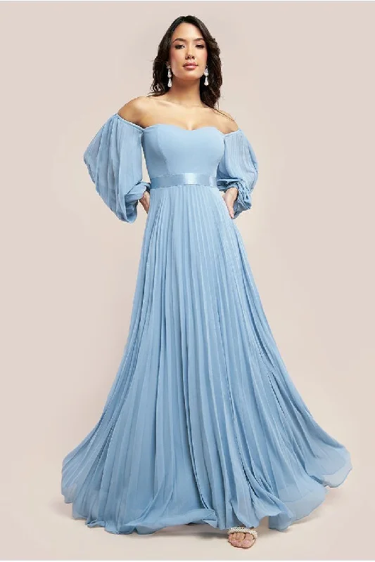 purple bridesmaid dresses for royal vibe-Bardot Chiffon Pleated Maxi - Blue by Goddiva purple bridesmaid dresses for royal vibe-Bardot Chiffon Pleated Maxi - Blue by Goddiva