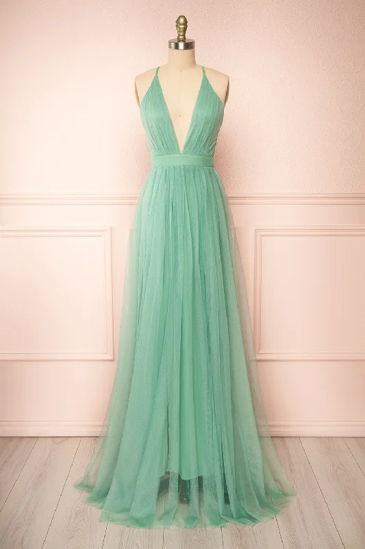 Bridesmaid dress that gives back profits -Aliki Sage | Mesh Maxi Dress w/ Plunging Neckline Bridesmaid dress that gives back profits -Aliki Sage | Mesh Maxi Dress w/ Plunging Neckline