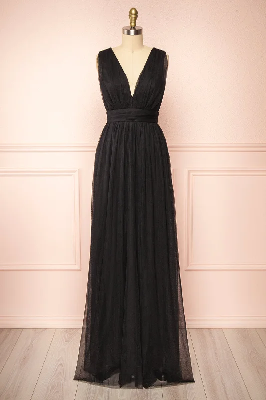 Dress for bridesmaid stylish appearance today -Samina Black | Tulle Maxi Dress w/ Plunging Neckline Dress for bridesmaid stylish appearance today -Samina Black | Tulle Maxi Dress w/ Plunging Neckline