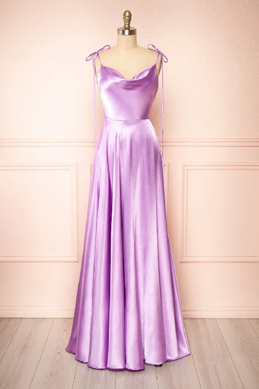 Dress for bridesmaid sophisticated looks style -Moira Lavender | Cowl Neck Satin Maxi Dress w/ High Slit Dress for bridesmaid sophisticated looks style -Moira Lavender | Cowl Neck Satin Maxi Dress w/ High Slit