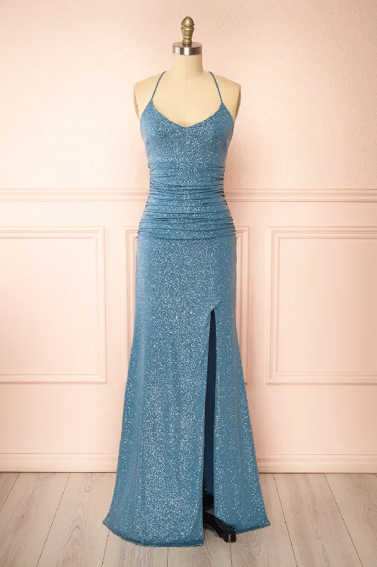 Bridesmaid dress that is timeless designs -Samira Blue Grey | Sparkly Mermaid Maxi Dress w/ Slit