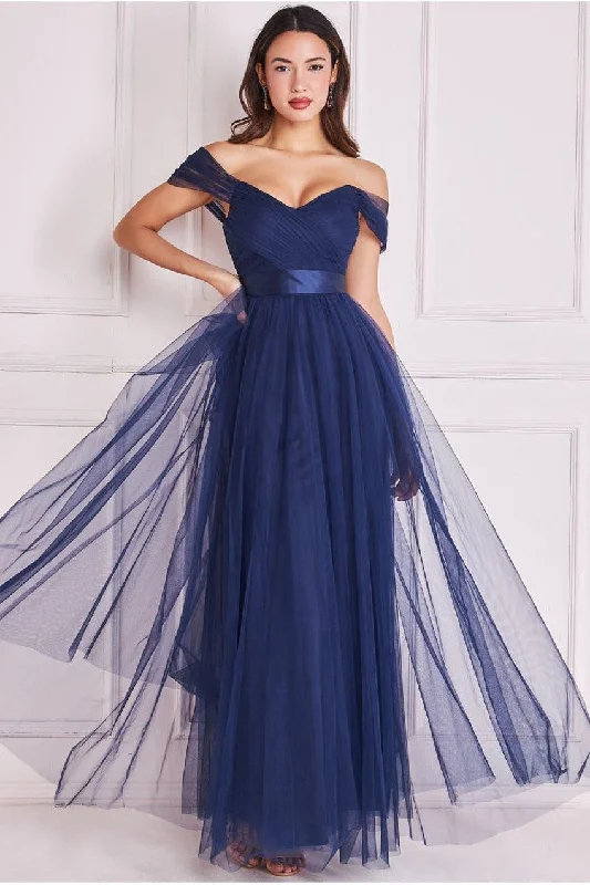 Bridesmaid dress with elegant stripes pattern -Goddiva Off The Shoulder Princess Maxi Dress - Navy Bridesmaid dress with elegant stripes pattern -Goddiva Off The Shoulder Princess Maxi Dress - Navy