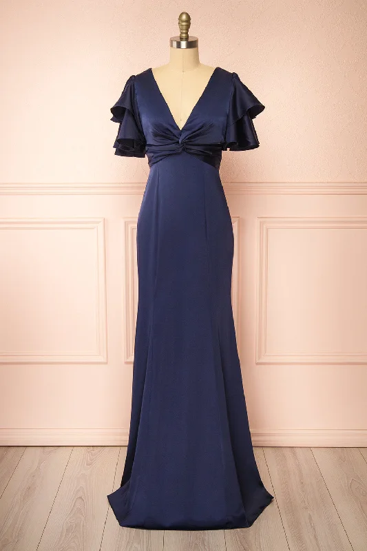 Bridesmaid dress indoor wedding style guide -Kyana | V-Neck Navy Satin Maxi Dress